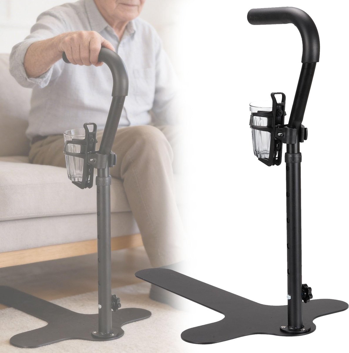 SnelShoppen - Aufstehhilfe Veiligheidsladder voor Senioren - In hoogte verstelbaar 62-87CM - Handgreep met Drinkhouder - Sta hulp voor Bank en Stoel -