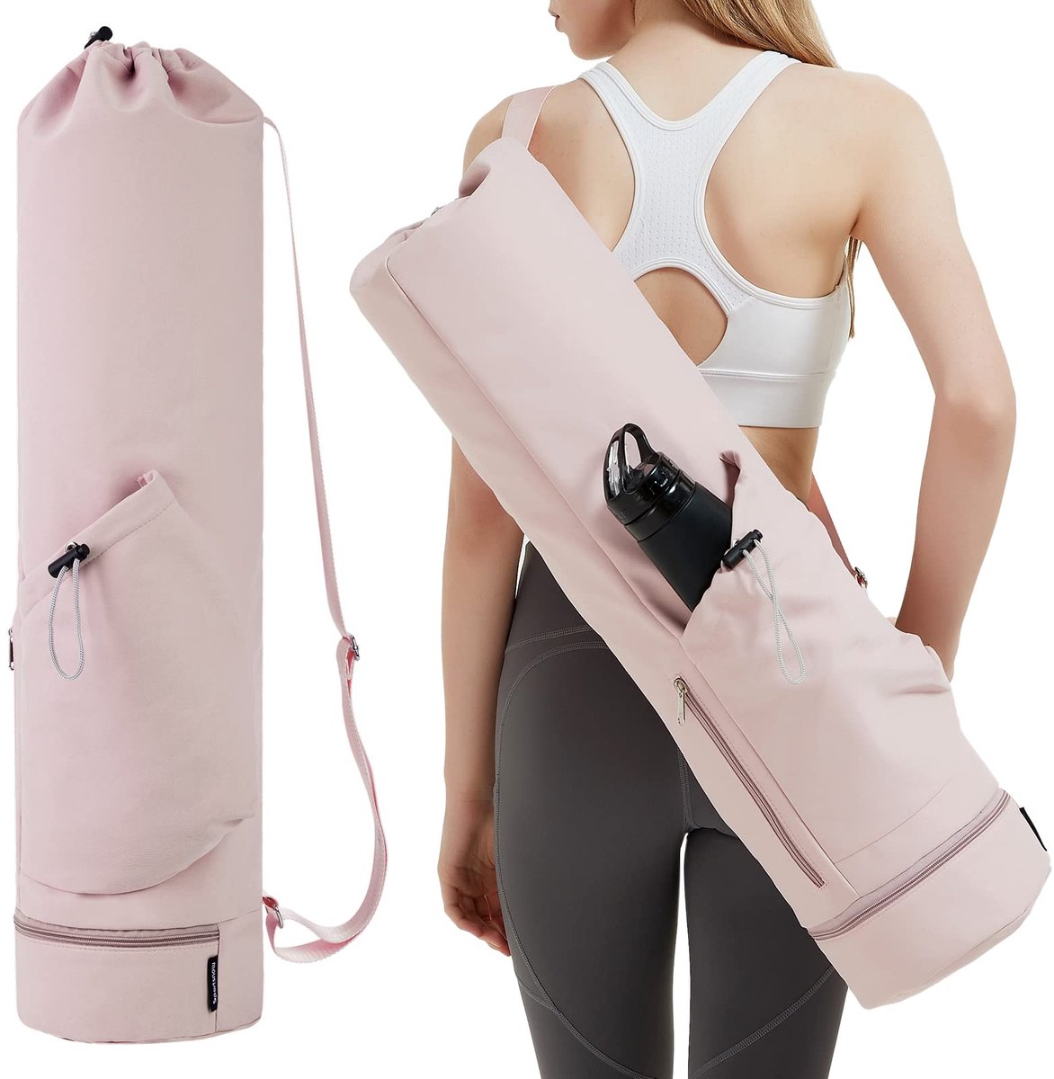 SnelShoppen - Grote Yogamat met Verstelbare Draagriem, Pilates Tas met Flessenzak en Nat Vak, Roze, Ideaal voor Yoga, Pilates en Sportactiviteiten