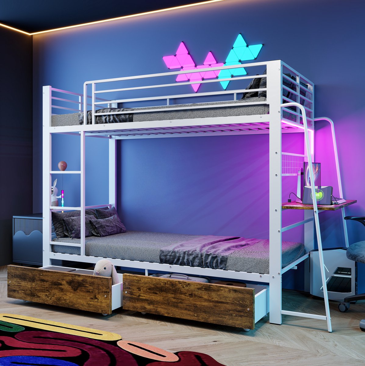 FloraGrace Stapelbed 90x200 cm - Met Bureau en LED Verlichting - Met Opberglades - Voor Jongeren en Volwassenen - MDF en Metaal - Mat Wit - Zonder Matras