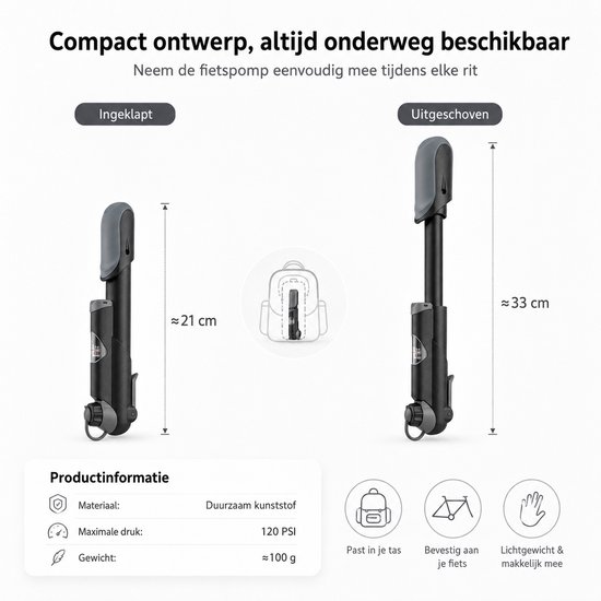 Mini Fietspomp met Digitale Drukmeter - 120 PSI - Presta Schrader Dunlop Ventielen - Compact en Draagbaar — afbeelding 3