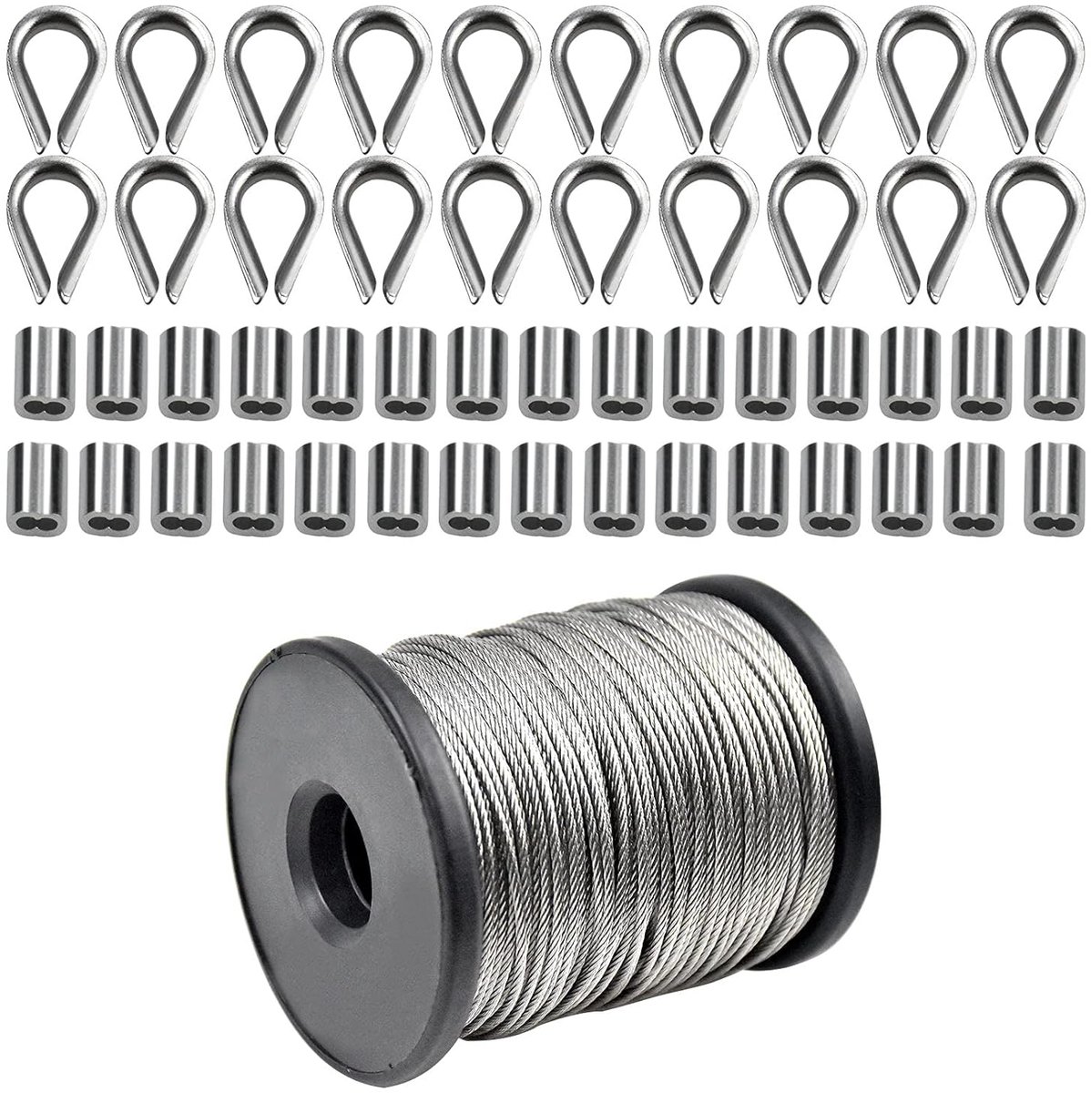 50 x 1,5 mm staalkabel, roestvrij staal, staalkabel, metalen kabel, draad met aluminium klem, krimphulzen, draadkabelklemmen & M2 vingerhoed voor het ophangen van leuningen