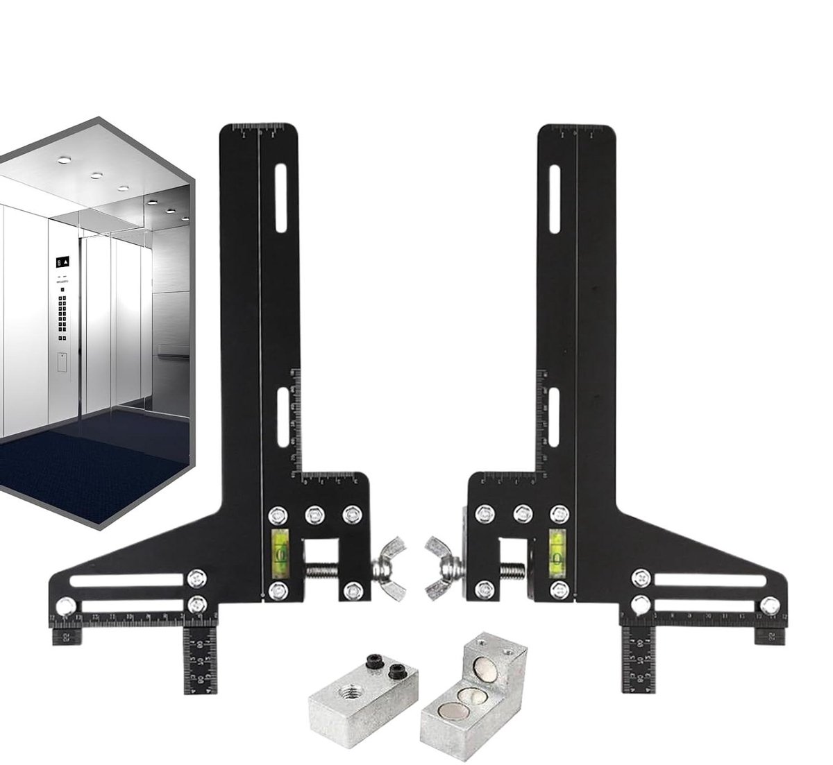 Liftgeleidingsliniaal - Spoorzoeker roestvrij staal - Liftinstallaties uitlijnen - Professioneel schaalontwerp - 35.3 x 23.4 x 7.2 cm - Zilver