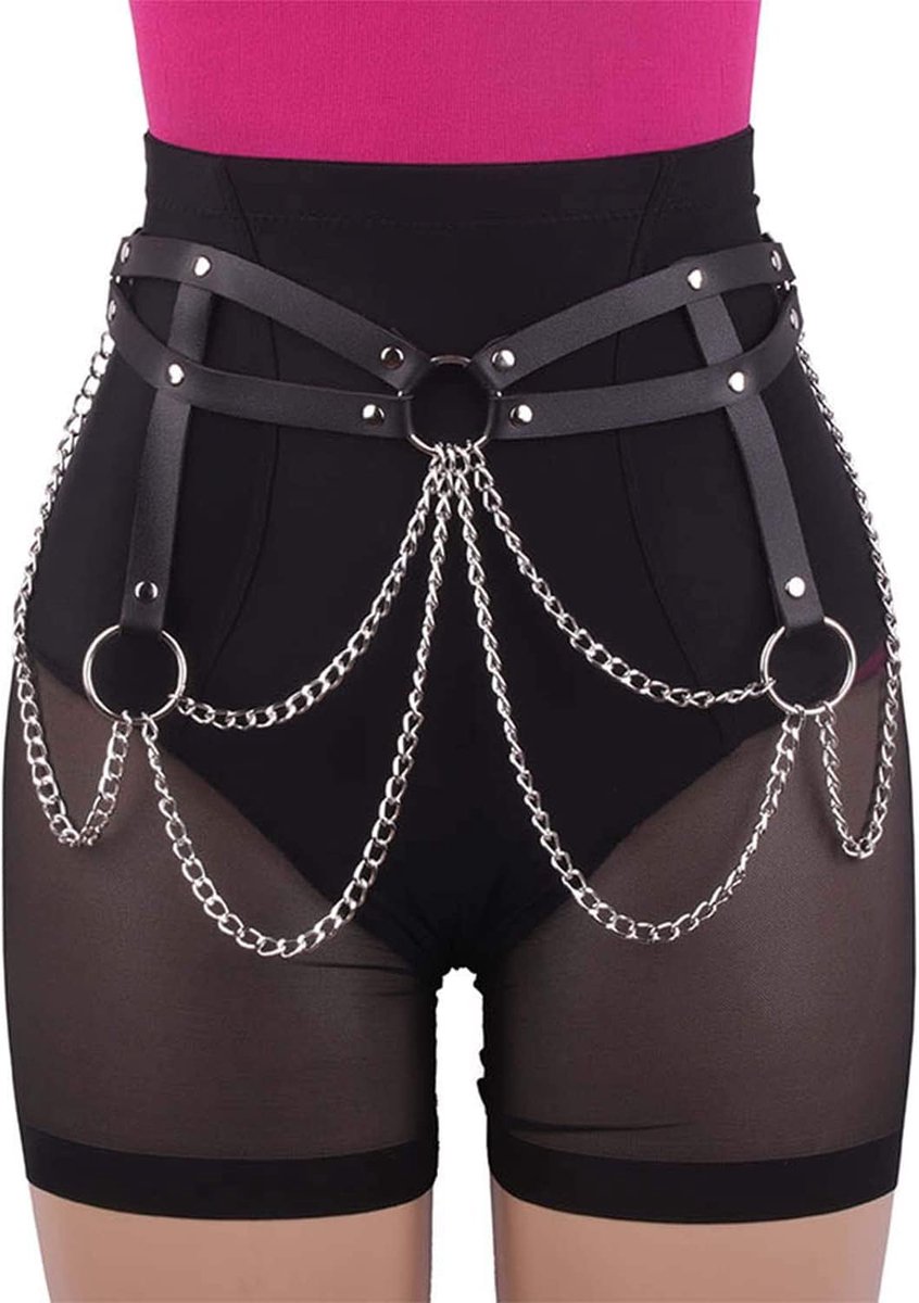 taille-, body-kettingriem, zwart lederen tailleriem, verstelbaar