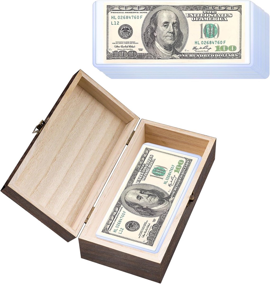 Geldkist van hout met slot en 20 plastic zakken, opbergdoos, houten box, geldopbergdoos, geldorganizer voor contant geld, 20 x 10 x 6 cm