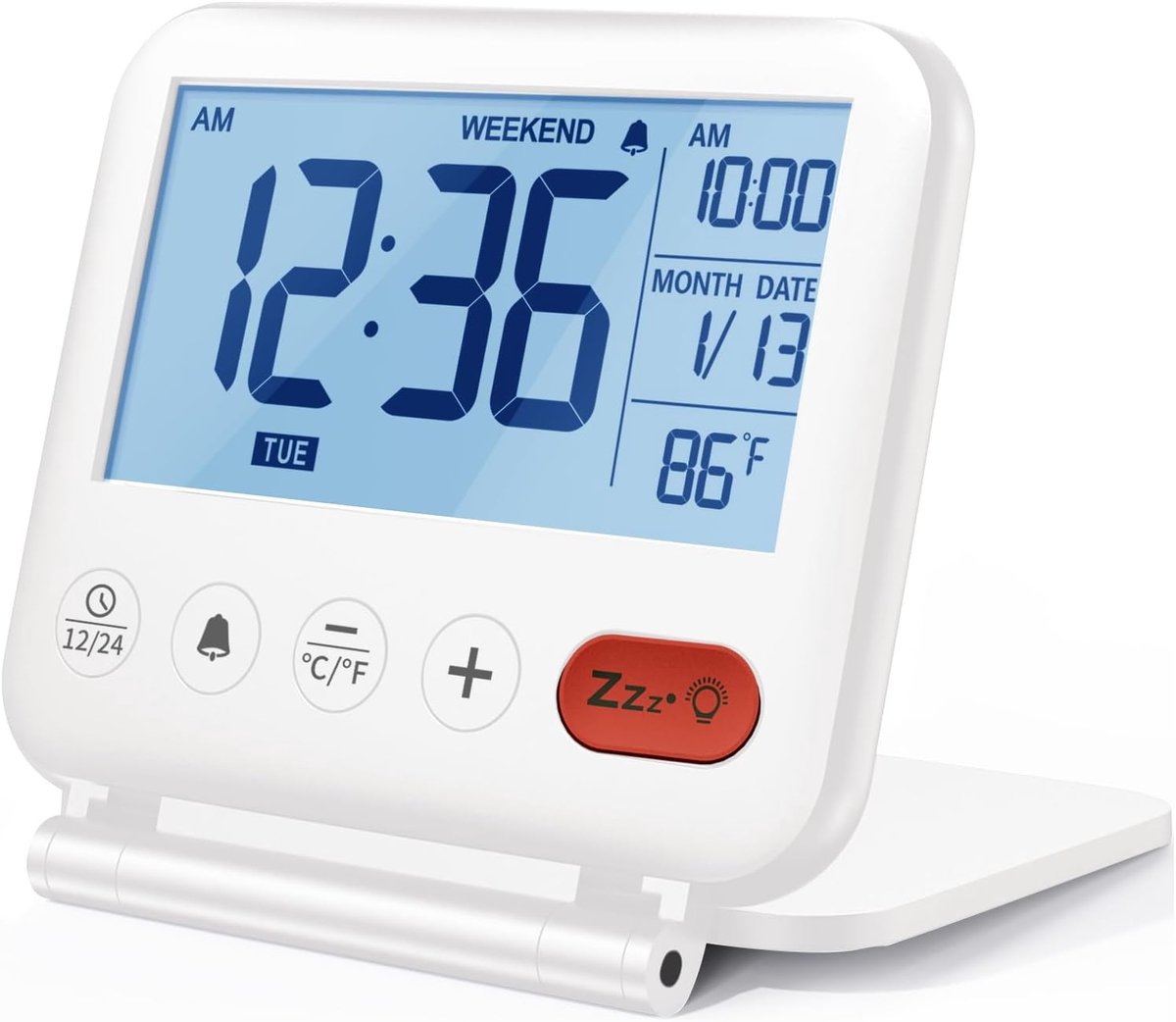 Digitale Reiswekker – Mini Draagbare LCD-displayklok met Achtergrondverlichting Kalender Temperatuur Snooze 12/24H Make-upspiegel, Kleine Opvouwbare Batterij Aangedreven Bureauklok voor