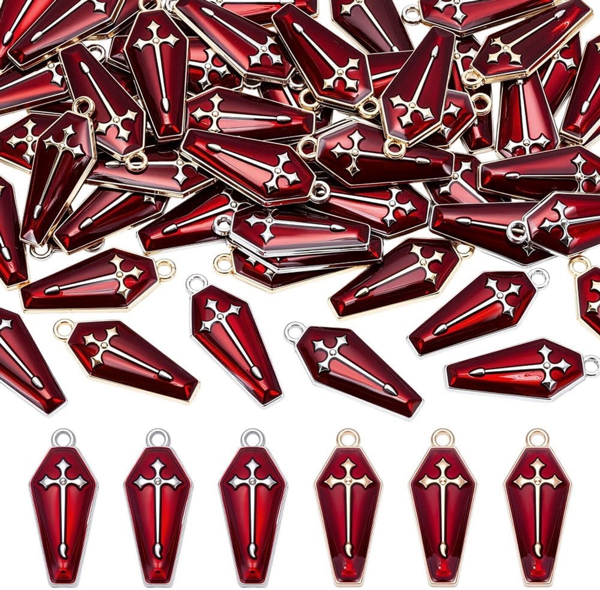 56 stuks doodskist met kruis hanger 2 kleuren thema legering emaille