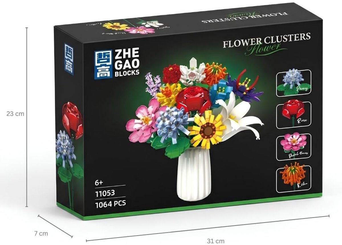 Zhe Gao 11053 Cluster Boeket bloemen bouwset | Botanical Flowers Collection modelbouw | Classic Creator STEM speelgoed bouwpakket voor volwassenen en kinderen | Educatief decoratie kunstbloemen niet geschikt voor Lego | bouwdoos met 1064 bouwstenen — afbeelding 13