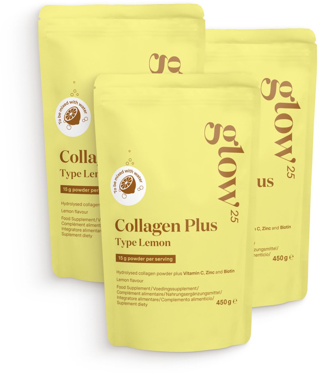 Glow25® Collagen Lemon [3x450g] | met vitamine C, zink en biotine | peptiden type 1 en 3 | citroensmaak | voeg toe aan water