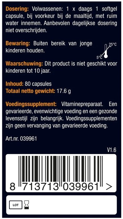 Etiket met dosering, waarschuwingen en inhoud van 80 capsules.