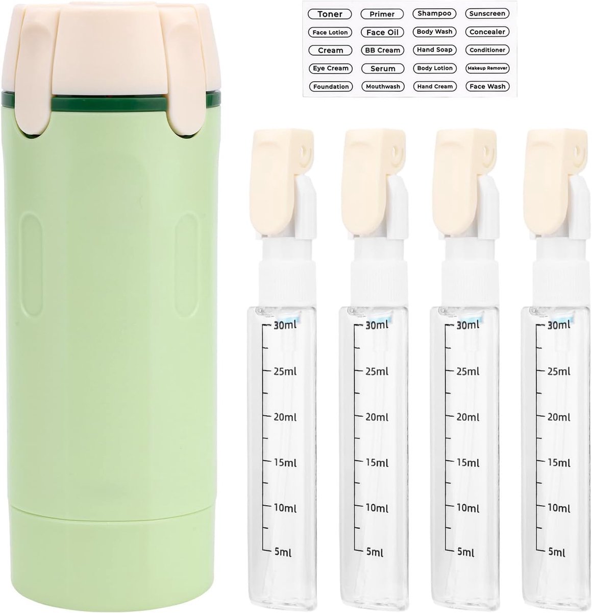 4 in 1 Reis Doseerfles, Lekvrij Herbruikbare Reisflesjes voor Shampoo Lotion Conditioner & Crème Draagbare Toilethouder voor Vakantie & Zakenreis met Etiket (Groen)