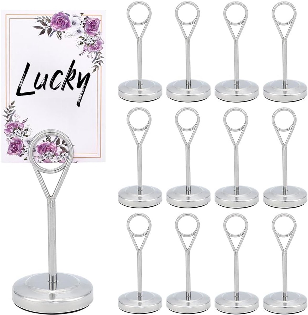 12 stuks elegante roestvrijstalen plaatskaarthouders tafelnummerhouders metalen kaartclips moderne centerpieces kaartenstandaards voor foto's voedselborden bruiloft, 10,5 cm, zilver