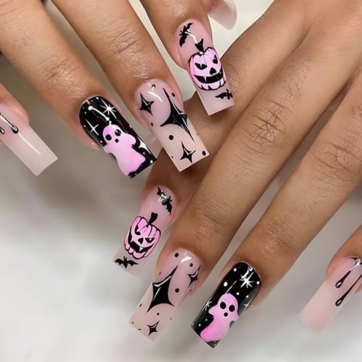 Halloween Demon Pumpkin Ghost kunstnagels big hart stromende clown nepnagels sterren maan kunstnagels Press-on kunstnagels (D)
