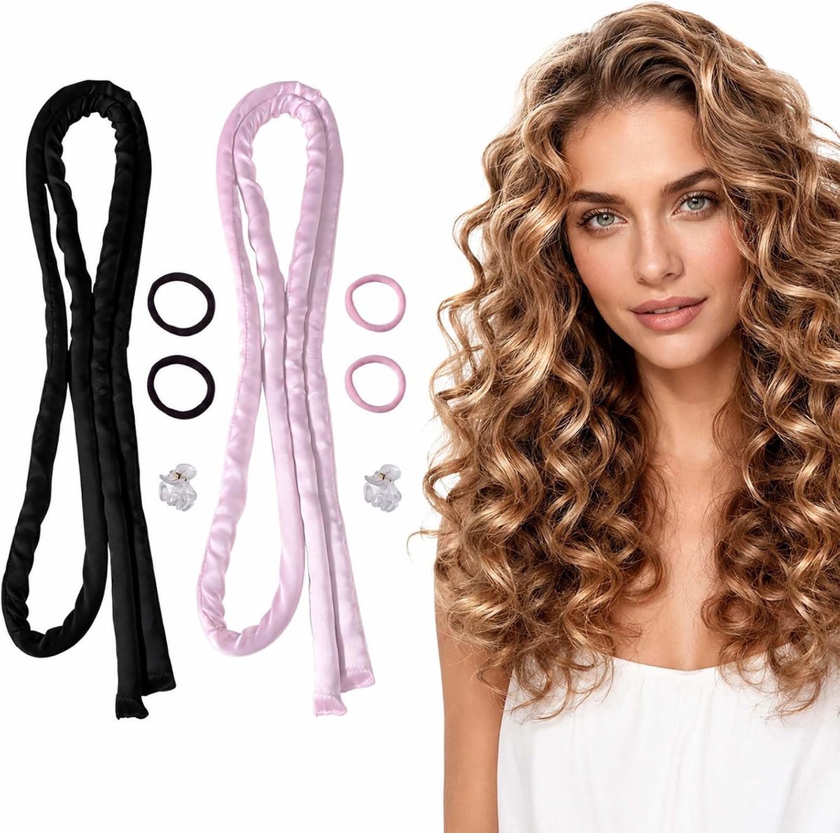2 stuks heatless curls set, krulband zonder hitte 's nachts met haarklemmen en haarelastiekjes, krulspelden set voor lang en middellang haar, zwart en oudroze