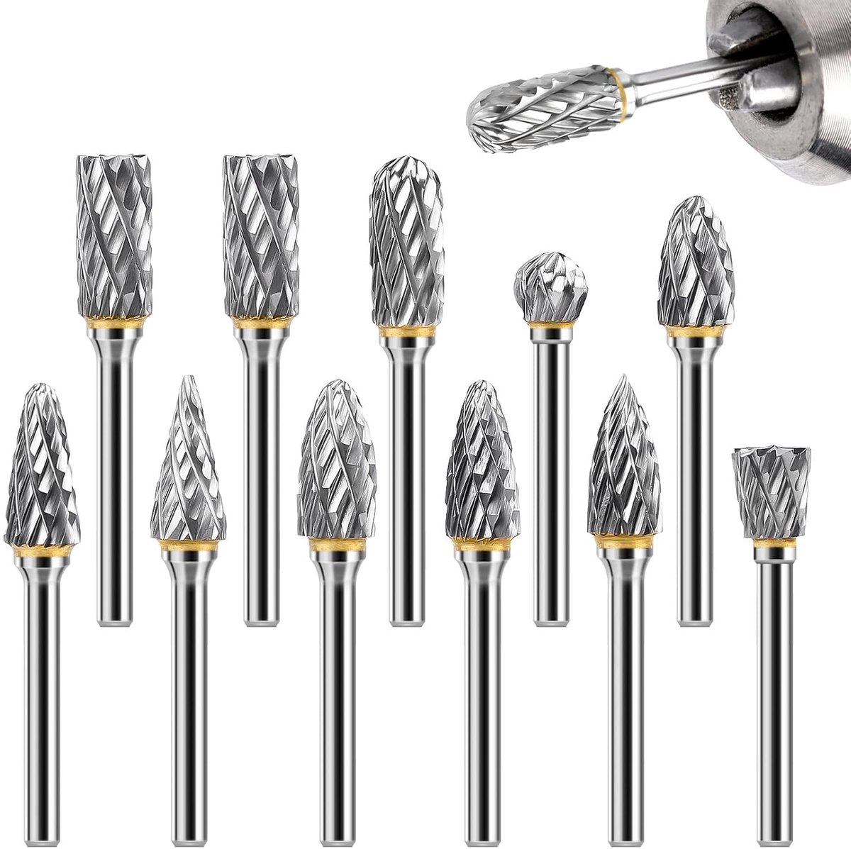 Set van 12 roterende frezen van wolfraamcarbide met dubbele snijkant | Schacht 1/8 inch voor Dremel, snijden, polijsten, graveren en houtbewerking