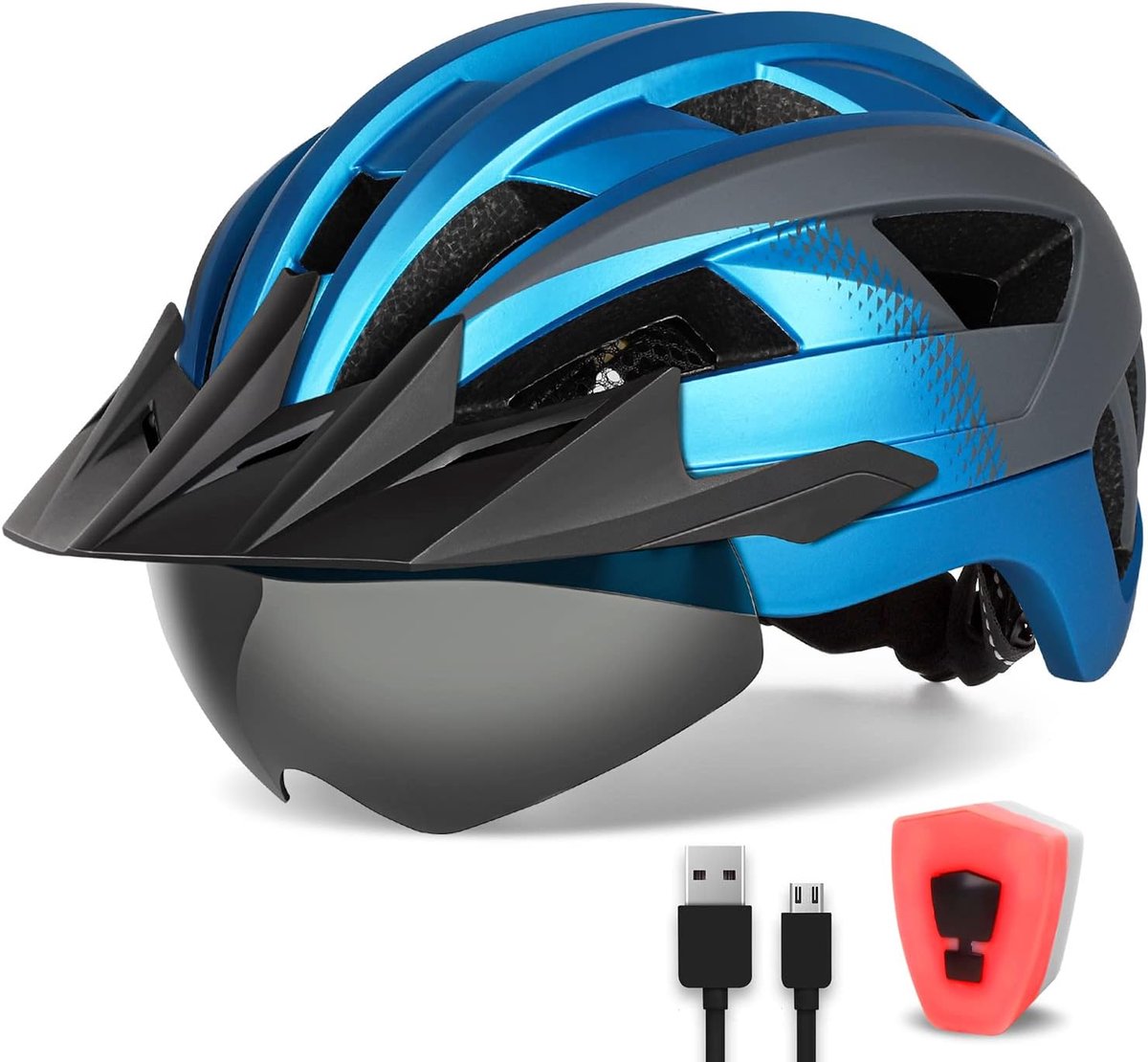 Fietshelm met Vizier voor Heren Dames, Lichtgewicht Fietshelm met Magnetische Bril en USB LED Achterlicht, Stijlvolle MTB Mountainbike Helm, Wit Zwart, Maat M/L/XL