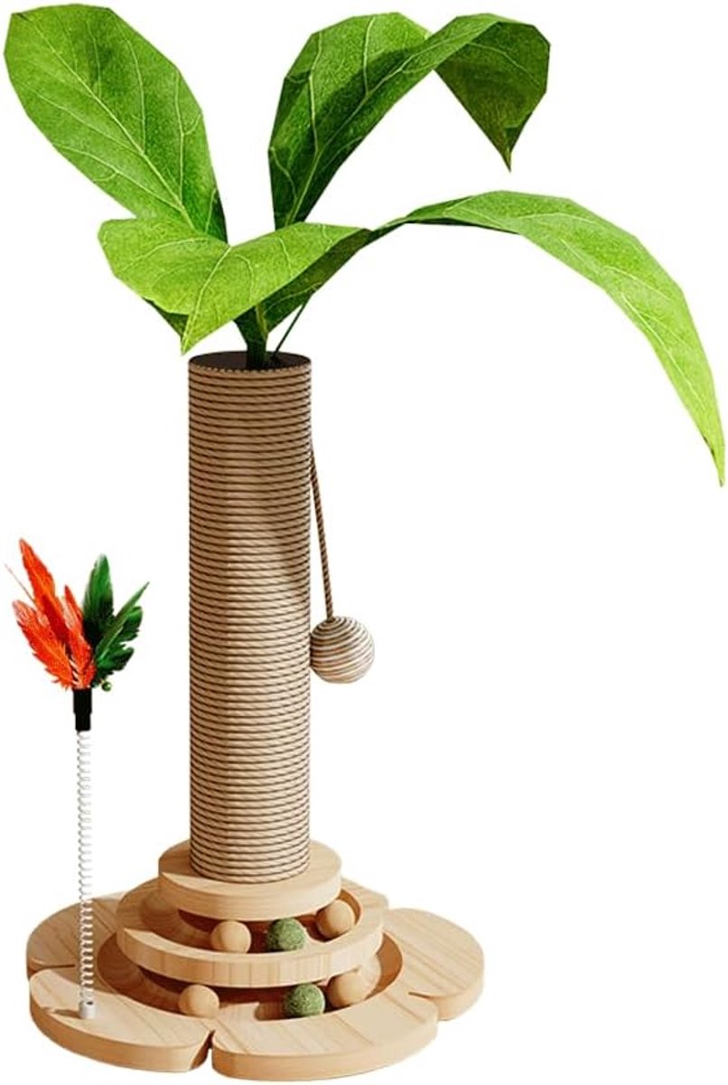 5-in-1 kattenspeelgoed, kattenkrabpaal met sisaltouw, houten kattentrack speelbal met springy veer, kattenboom met gesimuleerde planten, interactieve krabpaal voor katten