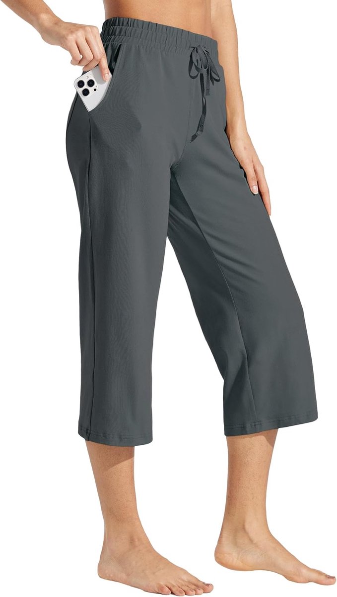 Capribroek voor dames, katoen, yoga, capri, casual loungebroek, brede pijpen, workout, joggingbroek met zakken, 50 cm