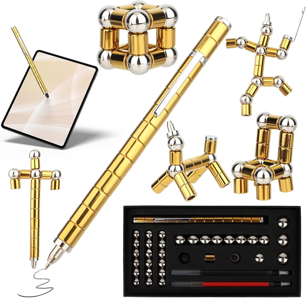 Gouden magnetische fidget-stiftset, rubidium, ijzer, boor, magneetstift voor stressvermindering, capacitieve aanraking, magneetstift met opbergdoos, Adhs pen voor jongens en mannen (goud)