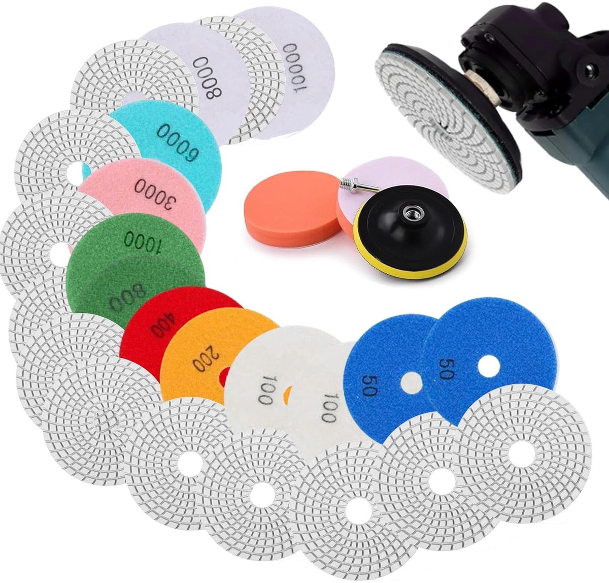 Set van 16 diamantpolijstschijven: 125 mm diamant polijstschijf 50# -10000# voor graniet, steen, beton, marmer, vloerschuurmachine of polijstmachine, marmer voor polijsten met M14 steunschijf +