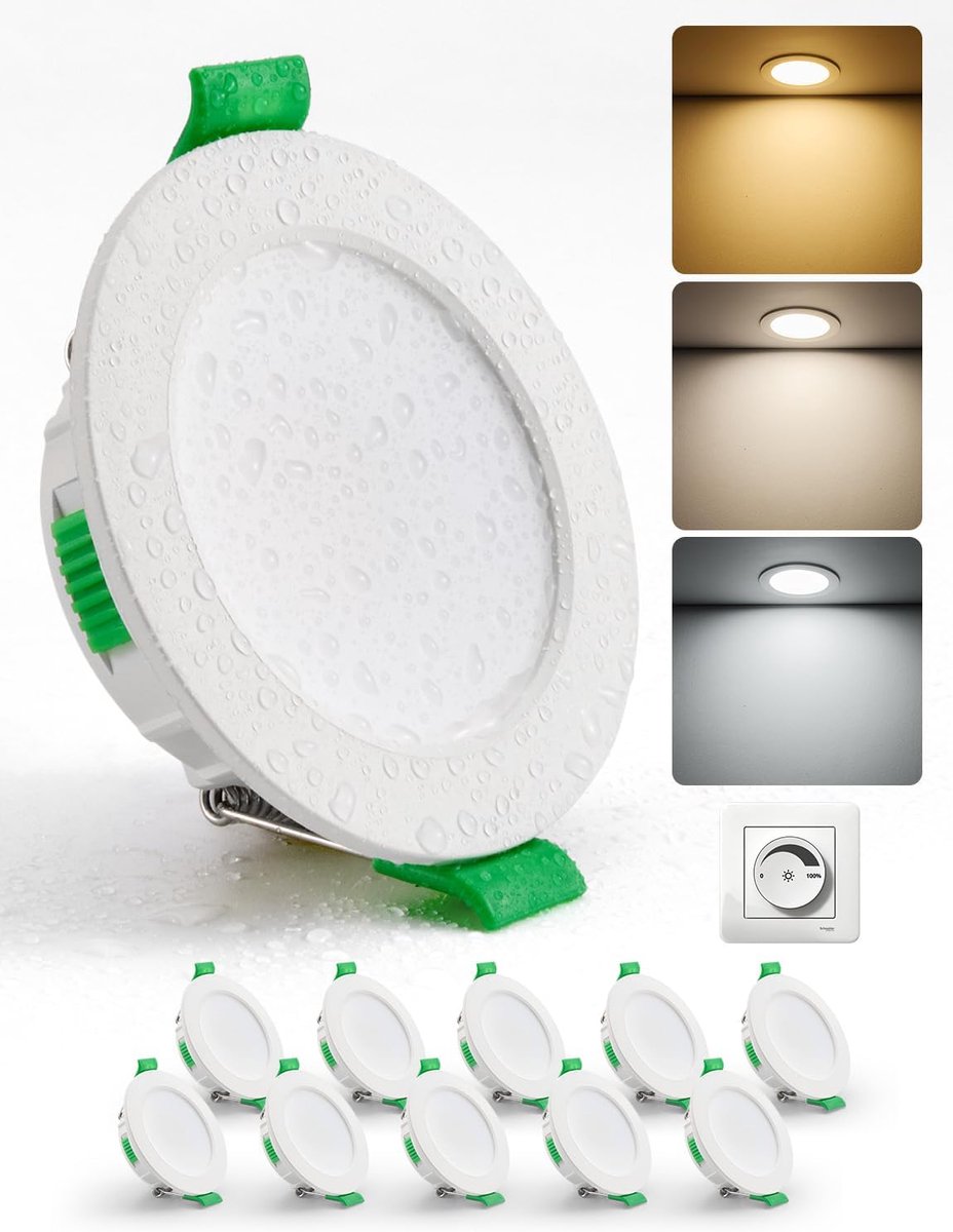 Led-inbouwspots, 230 V, dimbaar, 55 mm - 68 mm gatgrootte, 4 W, 230 V, warmwit, neutraal wit, koudwit, inbouwlampen, plafondspots, ultravlak, IP44, voor badkamer, set van 10