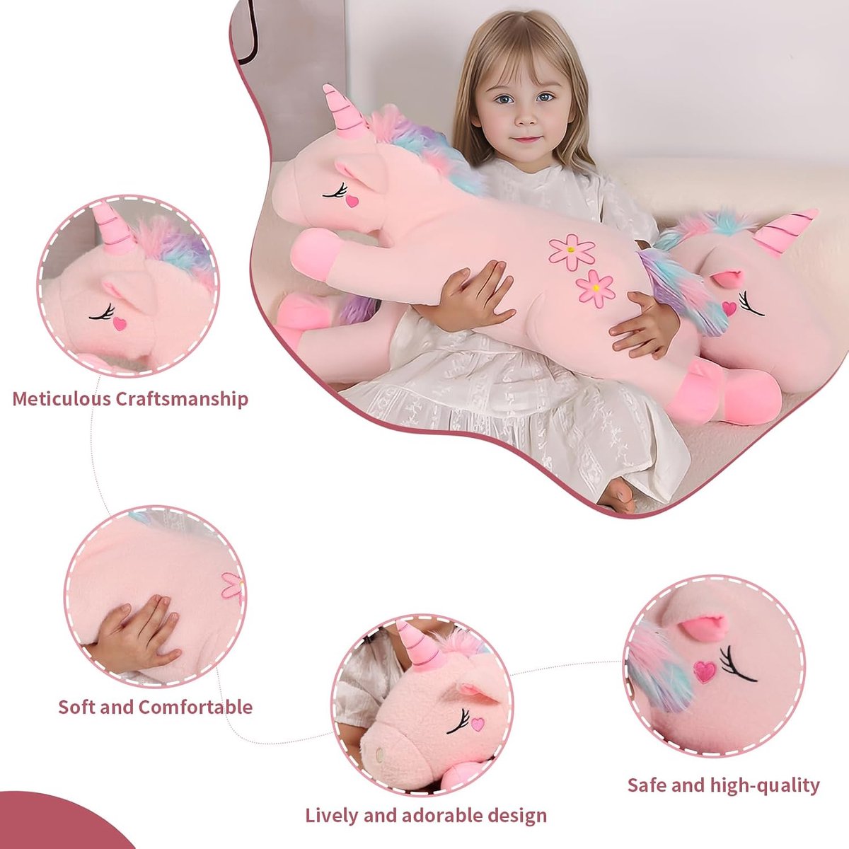 Enorme eenhoorn-knuffeldier, 60 cm, roze eenhoorn, omarmingskussen, lendenwervelkussen, lichaamskussen voor kinderen, jongens en meisjes, verjaardagen, Pasen