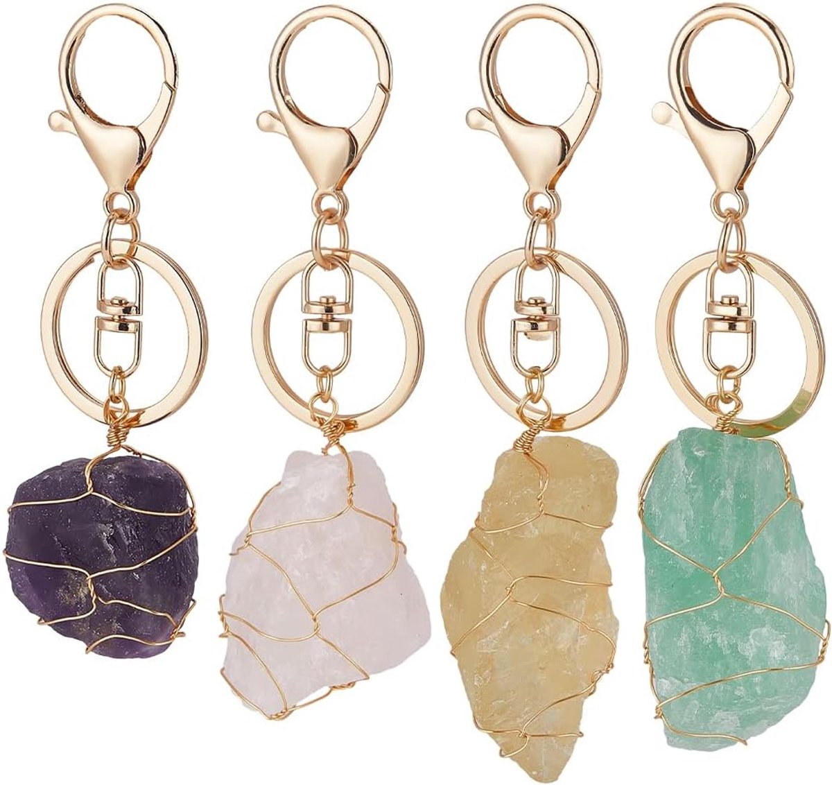 4 stuks natuurlijke kwarts kristal steen sleutelhanger 4 stijlen draad gewikkeld onregelmatige ruwe edelsteen amethist rozenkwarts fluoriet citrien kristal steen sleutelhanger met