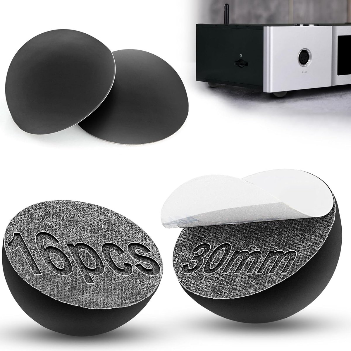 16 stuks rubberen buffers, 30 mm, zwart, rubberen buffers, zelfklevend, halfbolvormig, voor huishoudelijke apparaten, projectoren, luidsprekers, interieurartikelen, zwart