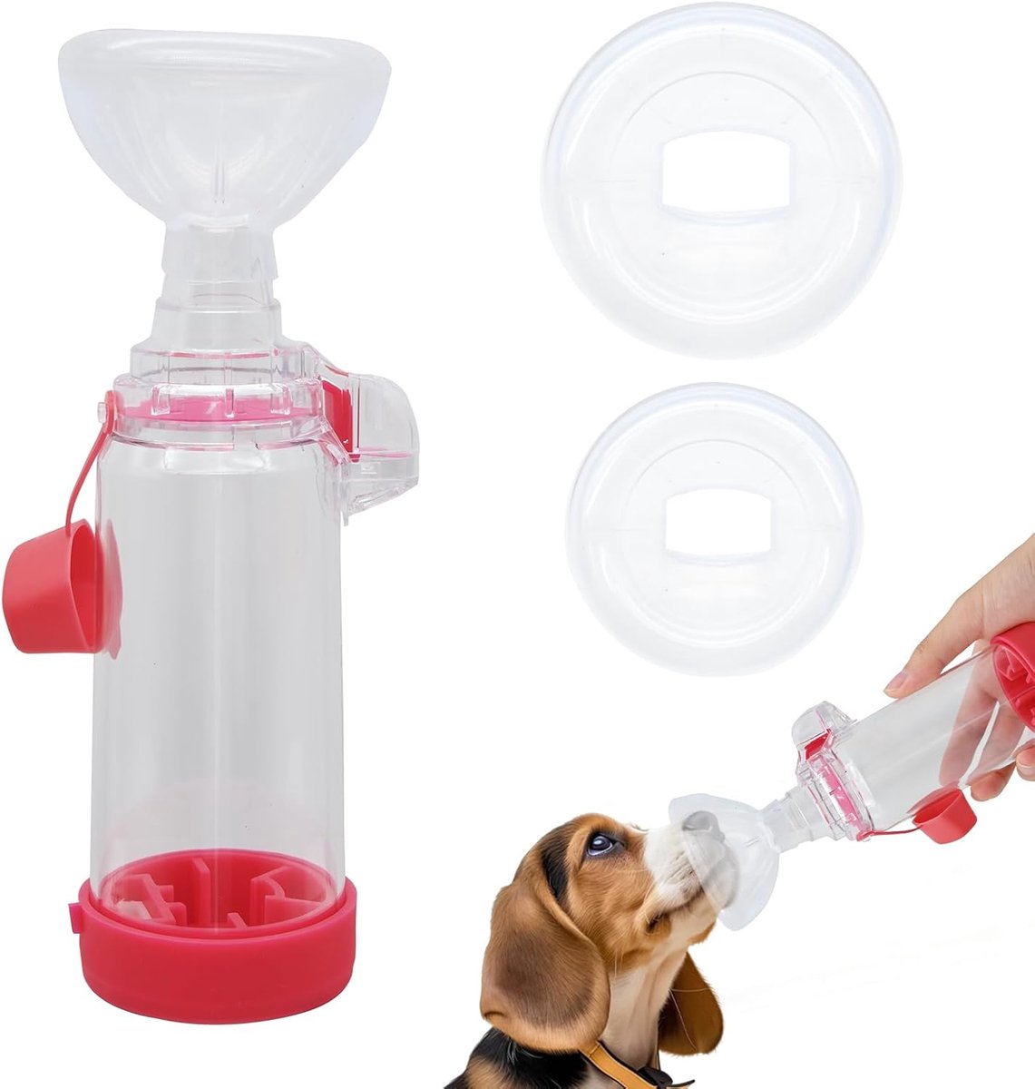 Inhalatorspacer voor katten en honden, inhalatorspacer voor huisdieren met 2 maskermaten voor katten en honden, aerosolkamer voor handinhalator (Roze)