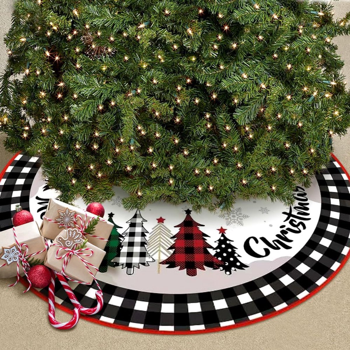rood en zwart, pluche kerstboomdeken, rond, 120 cm, kerstboomdeken voor Kerstmis, kerstfeest, decoraties met sneeuwvlok en kerstboom