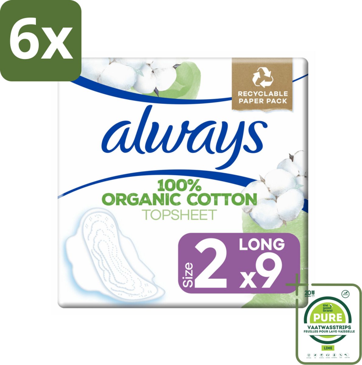Always - Maandverband - Long - Cotton Protection - Met Vleugels - 9 Maandverband - Voordeelverpakking - 6 stuks - Maandverband - Maandverband katoen