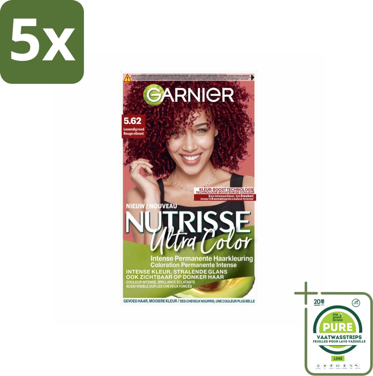 5 x Garnier - Nutrisse Ultra Color 5.62 - Haarkleuring - Levendig Rood - Voedend - Permanente Kleur - Grootverpakking - Haarkleuring - Permanente Kleur - Rood Haar - Levendige Kleur - Grijsdekking