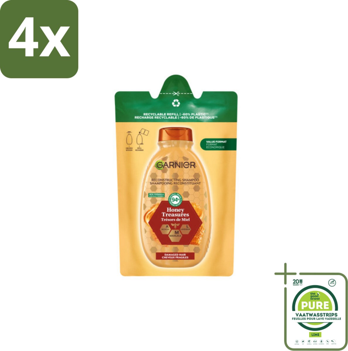 Garnier - Loving Blends - Shampoo Refill - Honing Goud - Beschadigd & Breekbaar Haar - 250 ml - Voordeelverpakking - 4 stuks - Herstellende shampoo - Shampoo voor beschadigd haar