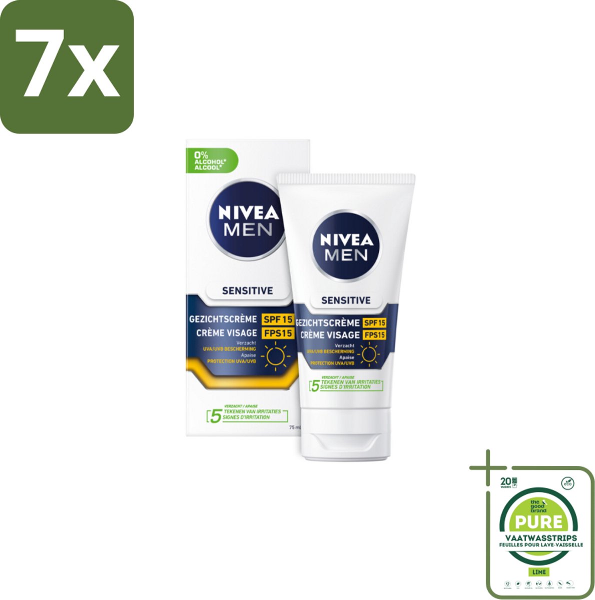 7 x NIVEA MEN - Sensitive - Gezichtscrème met SPF 15 - 75 ml - Grootverpakking - Gevoelige Huid - Gezichtscreme - SPF 15 - Zonbescherming - Kamille
