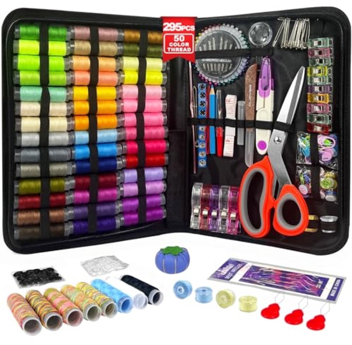 Huis Geluk Naaiset 295-delig - Professionele Naaigarnituur met 50 Kleuren Draad, Ergonomische Schaar - Handnaaiset voor Beginners, Reizen en Thuis