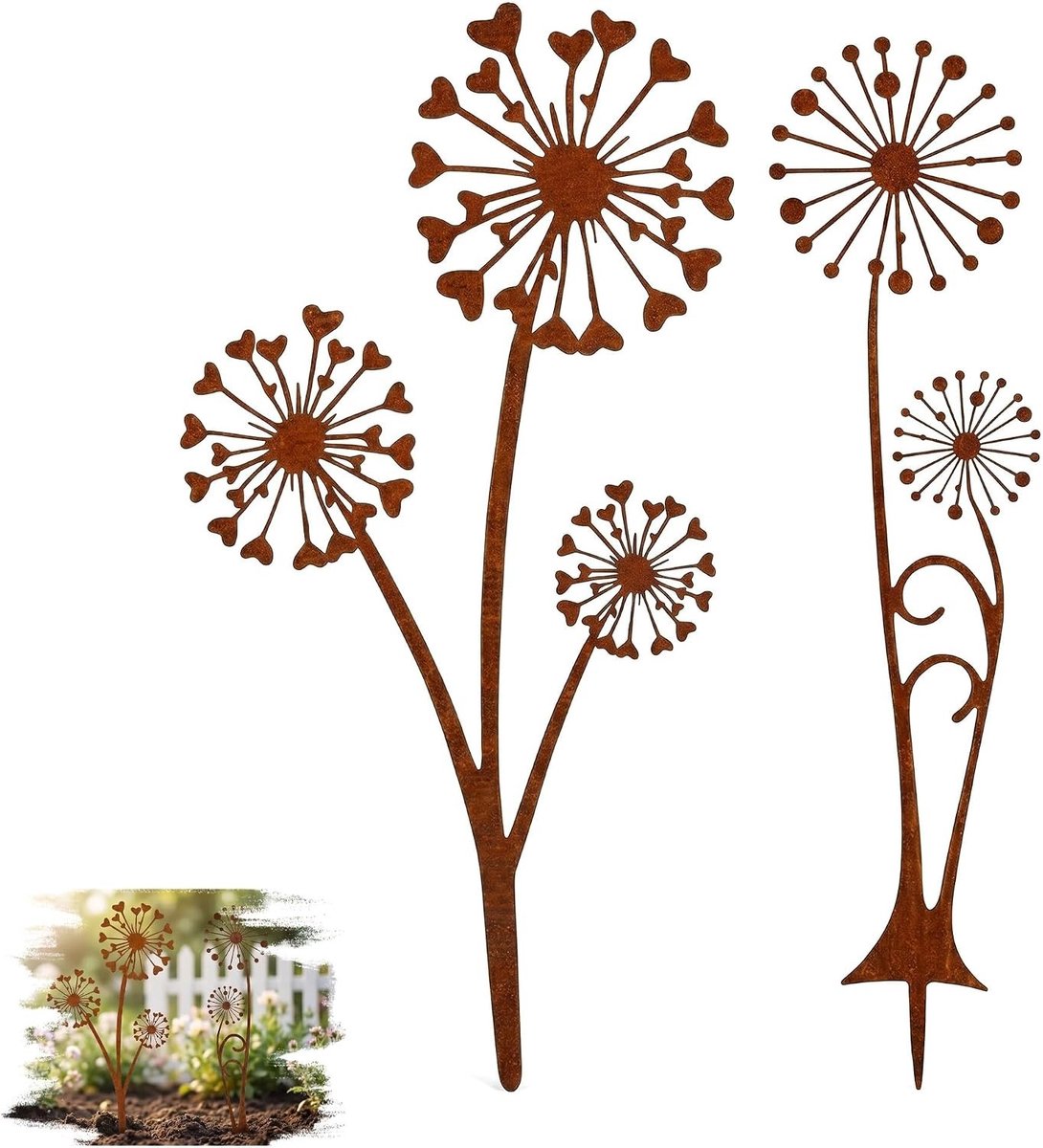 Tuinstekers 30 cm - metalen paardenbloem - decoratieve roest - sfeervolle tuindecoratie - SnelShoppen
