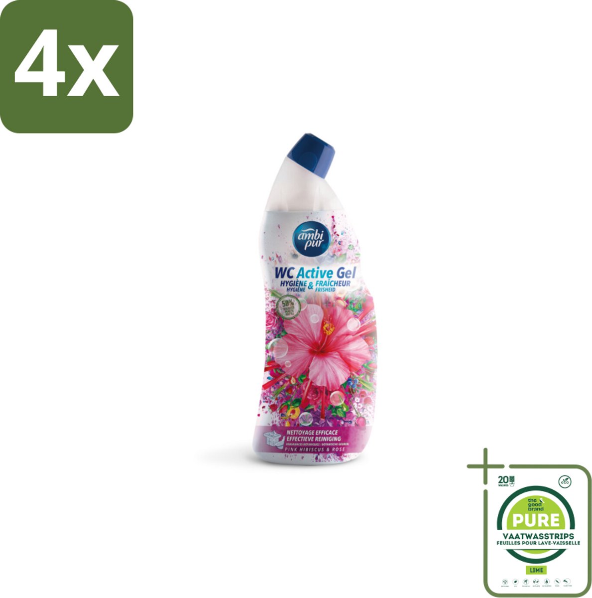 Ambi Pur - Toiletreiniger - WC Active Gel - Hibiscus & Roos - 750 ml - Voordeelverpakking - 4 stuks - Toilet schoonmaak - Toilet reiniger