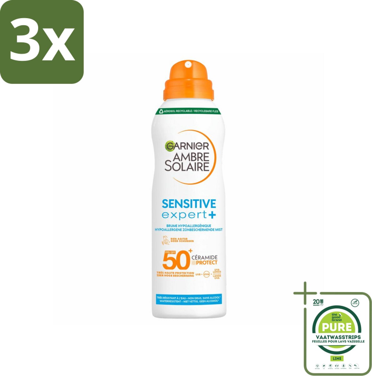 3 x Garnier - Ambre Solaire - Mist Spray - Sensitive Expert+ - SPF 50+ - 150 ml - Grootverpakking - Zonnebrand - Zonnebescherming - Gevoelige Huid - SPF 50 - Mist Spray