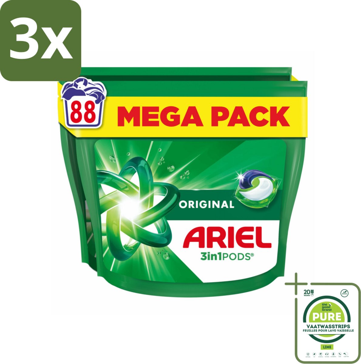 3 x Ariel - 3in1 Wasmiddel Pods - Original - 88 Pods - Grootverpakking - Ariel Wasmiddel - Waspoeder - Wascapsules - 3in1 Wasmiddel - Vlekkenverwijderaar