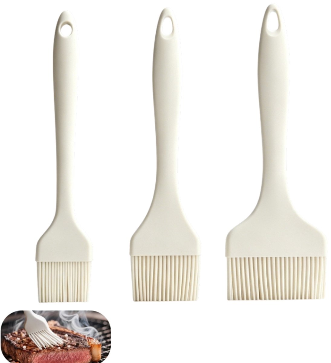 3 stuks-BBQ-kwast - Bakoliekwast - Siliconen oliekwast - Kwast om vlees mee in te smeren - Oliegereedschap - Geschikt voor bakken, koken en barbecueën - Wit -3.3/7/9*21cm