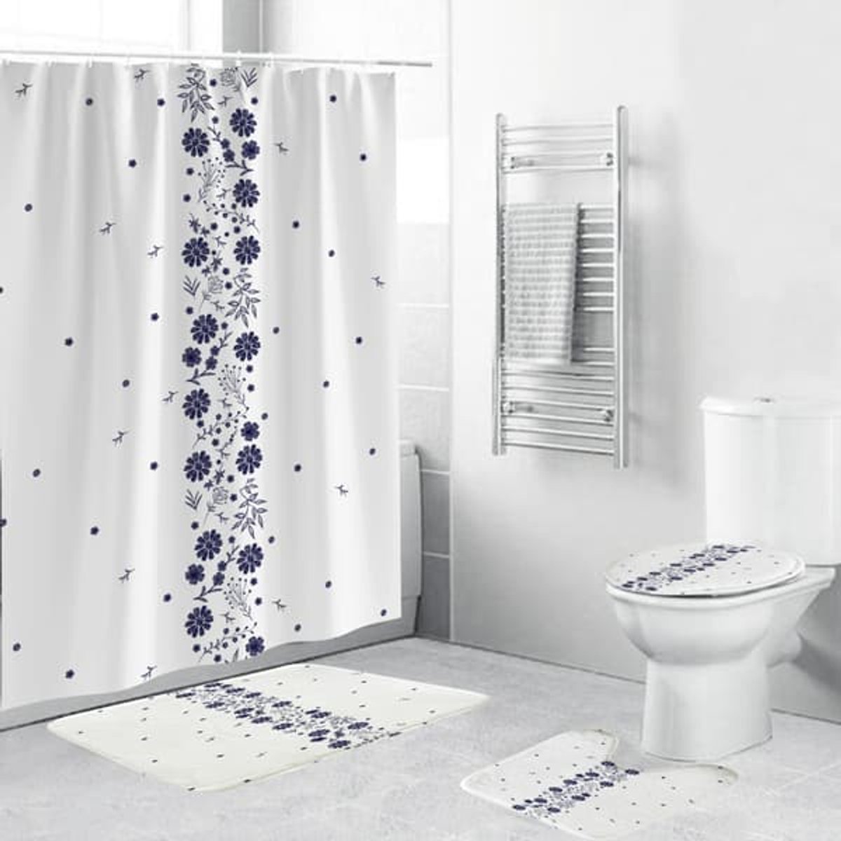 Vierdelige douchegordijnset met print, waterdicht badkamergordijn, badkamerset inclusief douchegordijn en vloermat, toiletbrilhoes, antislip en absorberend.
