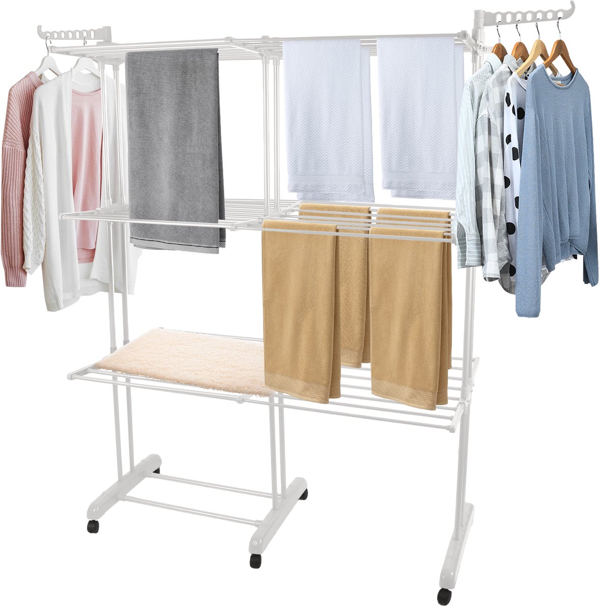 PIPIPOXER- Wasrek Inklapbaar-Droogrek-Staand Droogrek -Uitschuifbare Droogtoren – 3 Verdiepingen – 132 meter Drooglengte- Ruimtebesparend Wasrek -132x49x170 CM- Droogrek op Wielen - Wit