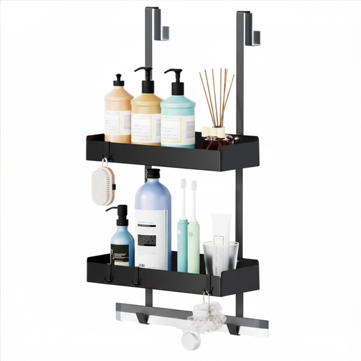 Ploutos® Doucherek - 8 Haken - Zonder Boren - RVS Doucherek - Zwart - 12cm x 30cm x 65cm