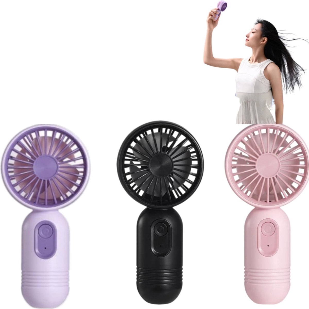 3-delige handventilator - drie instelbare snelheden - draagbare koelventilator - tafelventilator - 13,2*6,3*4,1 cm - voor op reis, op kantoor en buitenshuis - roze - zwart-blauw