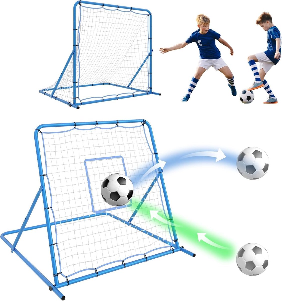 Danky 2-in-1 voetbaldoel, verstelbaar hoekijzeren terugslagnet + PE-net, blauw, 122*122*136 cm, draagbaar voor binnen en buiten, voor kinderen en tieners