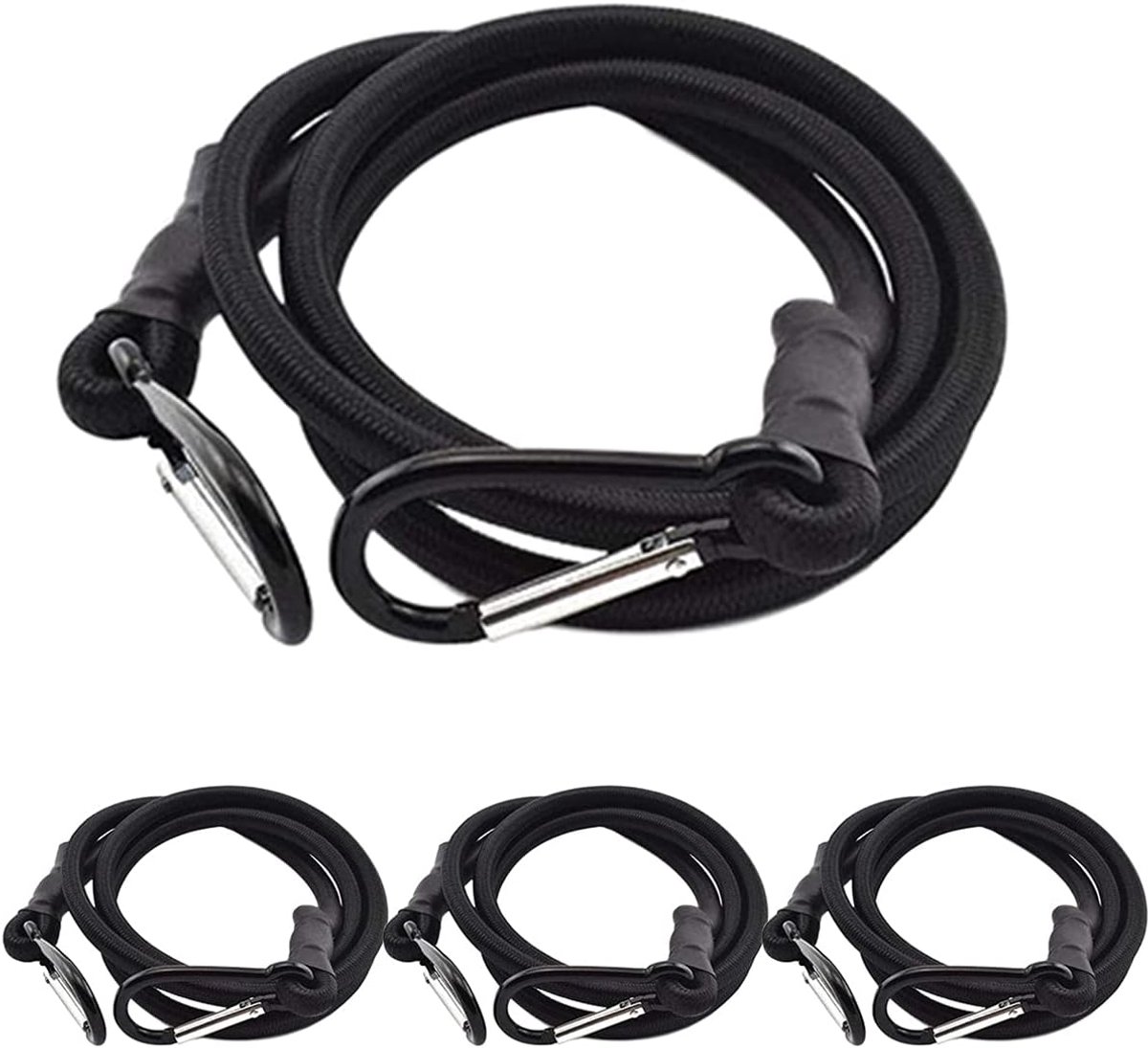 SnelShoppen - 4 Stuks Rubberen Tensioners Bagagespanners met Karabijnhaak - Spantouw voor Camping, Reizen en Tuin - 100 cm x 6 mm, Zwart, Duurzaam en