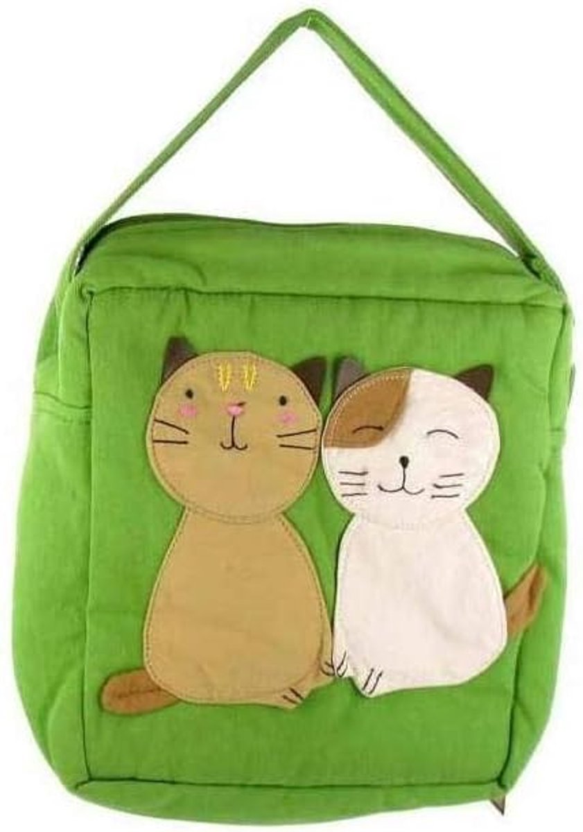 SnelShoppen - Lachineuse Tas in Japans Design – Duo van Kawaii Katten, 18x18 cm, Groene Molton Katoenen Schoudertas met Rits voor Dagelijks Gebruik