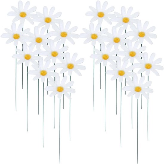 20 Stuks Kunststof Madeliefjes Tuinpalen Decoratieve Bloemen Stake Waterdicht Tuinaccessoires voor Buiten, Patio en Oprit 35x3.2cm Wit