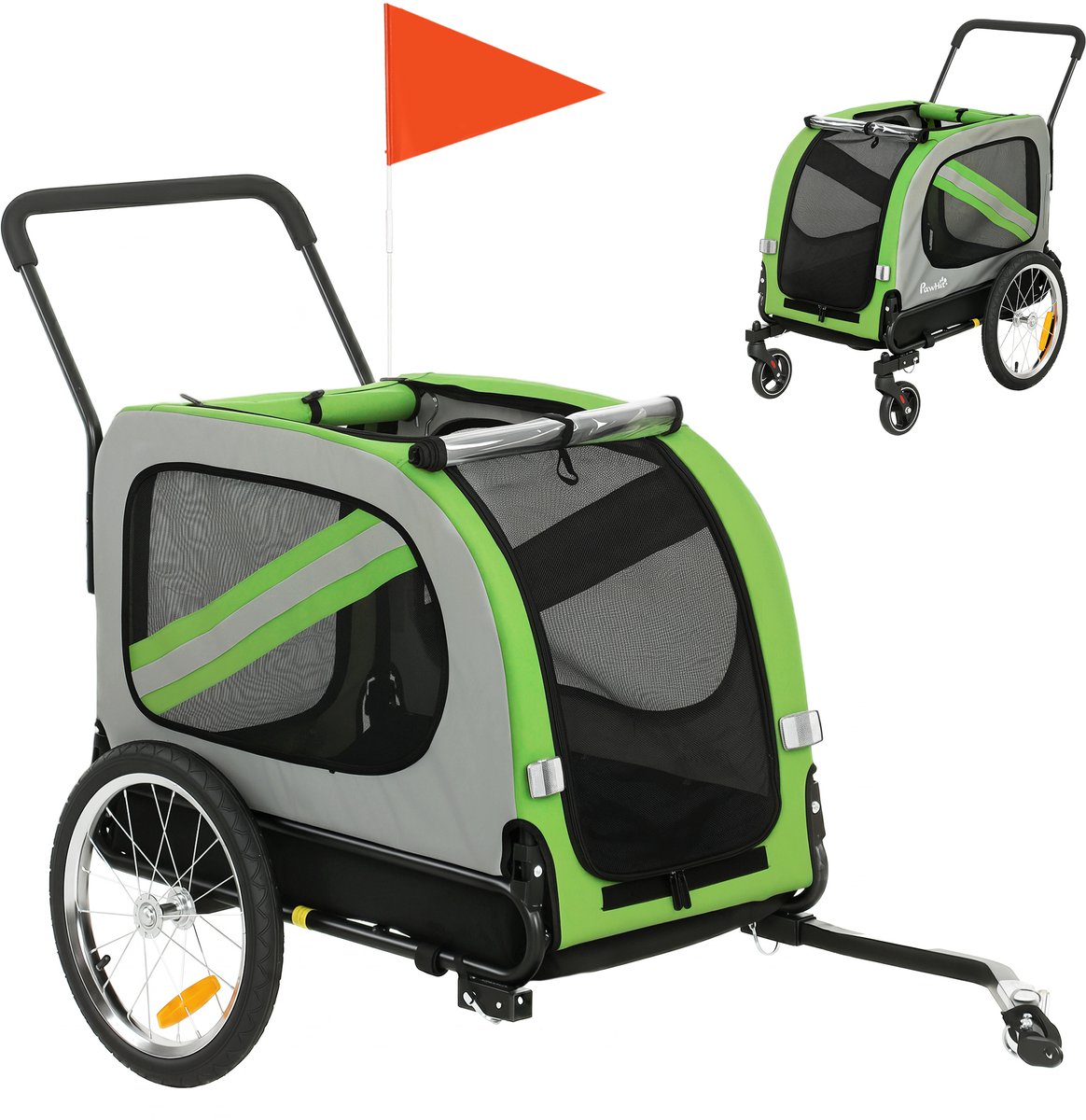 TEKROA® 2-in-1 Hondenfietskar en Hondenbuggy - Fietskar voor Honden met Reflectoren en Veiligheidsvlag -Met zitje- Groen