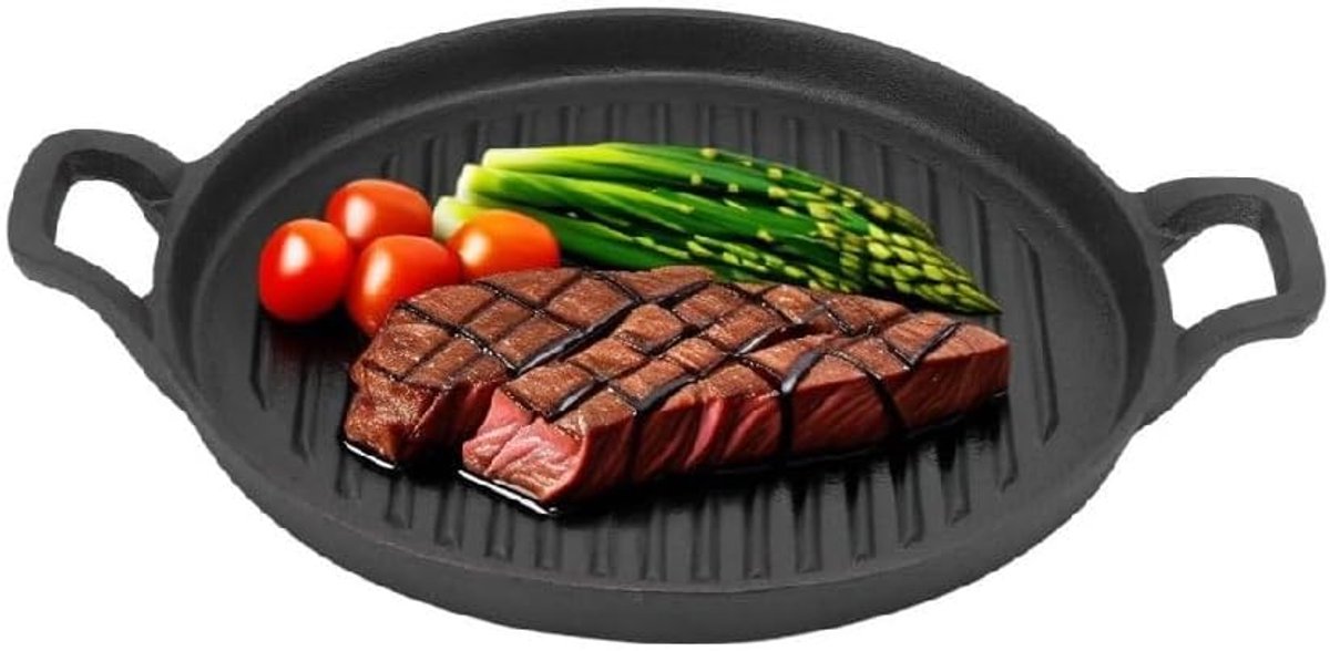SnelShoppen - Gietijzeren Grillplaat Rond met Antiaanbaklaag en Dubbele Handvatten, Omkeerbare Koekenpan voor Gas, Elektrische Kookplaat en Grill (24c