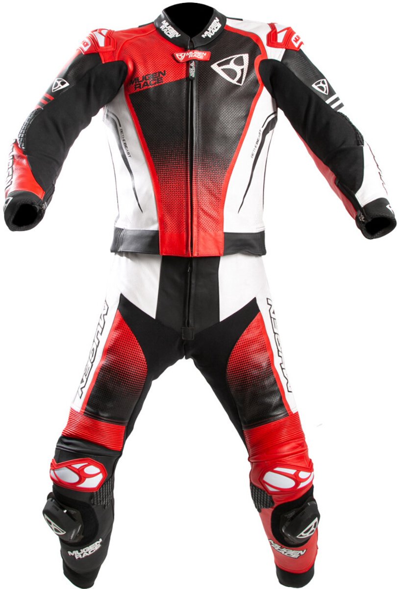 MUGENRACE Sidegun Zwart Wit Rood Geperforeerd 2-Delig Motorpak - Racepak